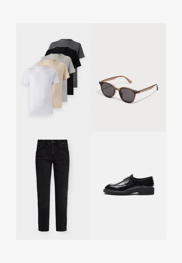 Zestaw pięciu t-shirtów z krótkim rękawem w kolorach białym, beżowym, jasnoszarym, ciemnoszarym i czarnym. Wykonane z gładkiej bawełny, z klasycznym dekoltem.; Brązowa wełniana koszula z guzikami, z wyłogowym kołnierzykiem, dwiema kieszeniami na piersi i czarnymi guzikami. Gładka tekstura z luźnym fasonem.; Czarne jeansy denimowe o regularnym kroju, z zapięciem na zamek błyskawiczny, guzikowym zapięciem i pięcioma kieszeniami. Gładka faktura i klasyczny design.; Zign - Biznesowe loafersy; Brązowe plastikowe okulary przeciwsłoneczne z ciemnymi soczewkami, w zaokrąglonym kształcie, z zwężającymi się ramionami. Zauważalna ozdoba na skroniach.; Czarna torba typu duffel z grubymi rączkami i odpinanym paskiem. Wykonana z gładkiego materiału, z zapięciem na zamek błyskawiczny i minimalistycznym wzornictwem.