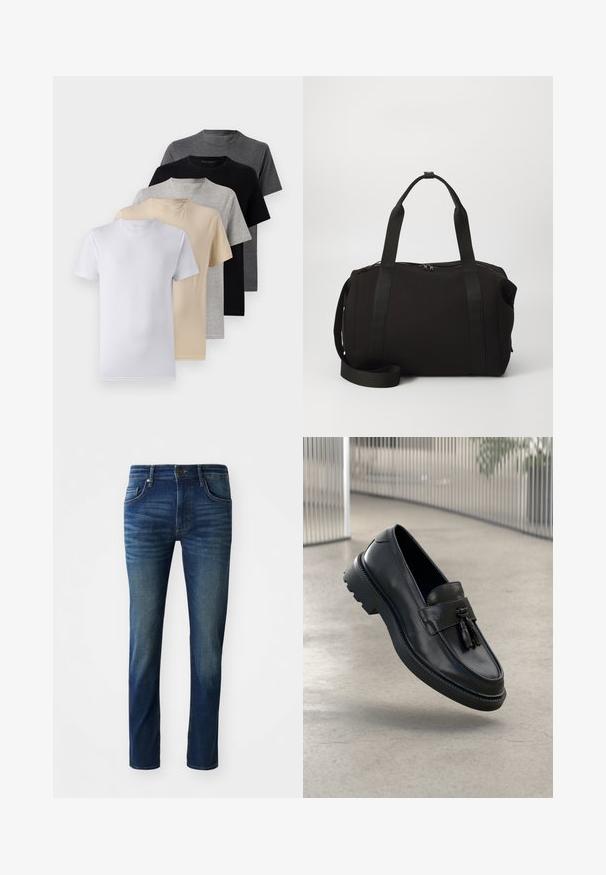 Zestaw pięciu t-shirtów z krótkim rękawem w kolorach białym, beżowym, jasnoszarym, ciemnoszarym i czarnym. Wykonane z gładkiej bawełny, z klasycznym dekoltem.; Brązowa wełniana koszula z guzikami, z wyłogowym kołnierzykiem, dwiema kieszeniami na piersi i czarnymi guzikami. Gładka tekstura z luźnym fasonem.; Granatowe dżinsy w slim fit, z pięcioma kieszeniami, zapięciem na guzik z przodu oraz delikatnym wyblakłym wzorem na nogawkach.; Czarne skórzane mokasyny o gładkim wykończeniu, z dekoracyjnym chwostem, grubą gumową podeszwą i przeszyciami. Lekka i elegancka konstrukcja.; Czarna torba typu duffel z grubymi rączkami i odpinanym paskiem. Wykonana z gładkiego materiału, z zapięciem na zamek błyskawiczny i minimalistycznym wzornictwem.