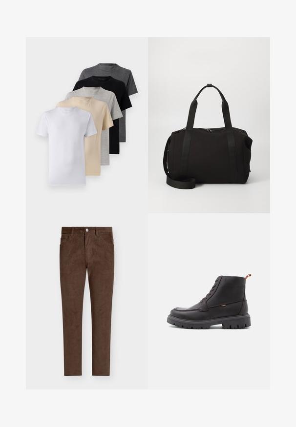 Viisi lyhythihaista t-paitaa valkoisena, beigeinä, vaaleanharmaana, tummanharmaana ja mustana. Valmistettu sileästä puuvillasta, jossa on pyöreä kaula-aukko.; Ruske samterice iz kordura s ravnim krojem, s gumbom za zapiranje, sprednjimi žepi in vertikalno rebrasto teksturo po celotni površini.; Ruske usnjene gležnjarje s okroglo konico, toniranim šivom, robustnim črnim gumijastim podplatom in oranžnim vzvodom na peti.; Musta viikonloppulaukku, jossa on paksut kahvat ja irrotettava olkahihna. Valmistettu sileästä kankaasta, jossa on vetoketju suljenta ja minimalistinen muotoilu.