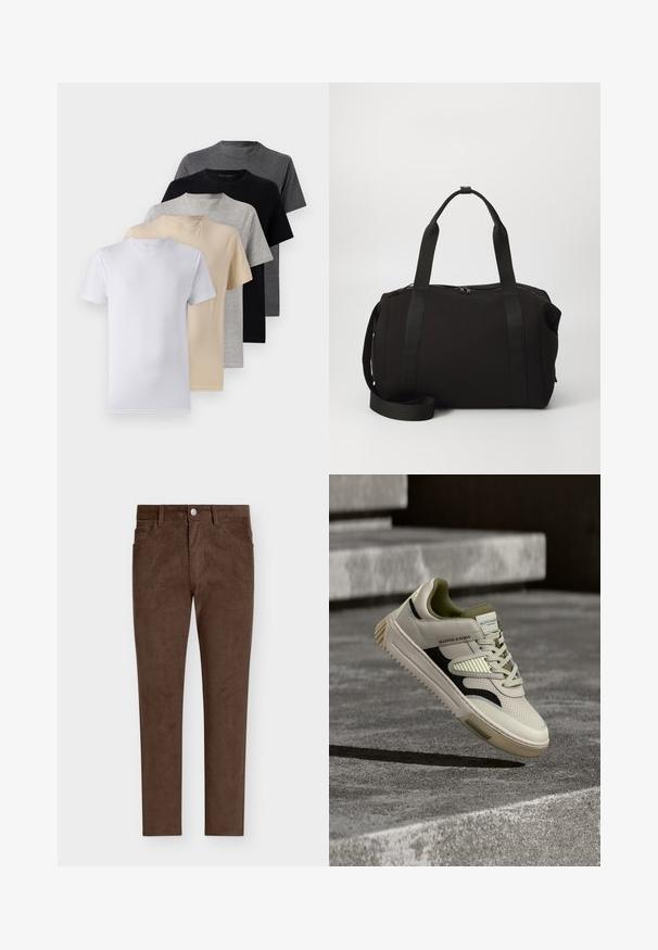 Set van vijf T-shirts met korte mouwen in wit, beige, lichtgrijs, donkergrijs en zwart. Gemaakt van gladde katoen en voorzien van een ronde hals.; Bruine corduroy broek met een rechte snit, voorzien van een knoopsluiting, voorzakken en een verticale ribbelstructuur door het hele ontwerp.; Crème leren sneaker met donkergroene accenten, gestructureerde panelen, zwarte zijstreep en een robuuste rubberen zool, verhoogd boven een betonnen oppervlak.; Zwarte sporttas met dikke handvatten en een afneembare schouderband. Gemaakt van een gladde stof, met een ritssluiting en een minimalistisch ontwerp.