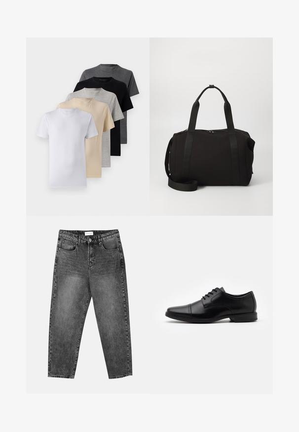 Set aus fünf Kurzarm-T-Shirts in Weiß, Beige, Hellgrau, Dunkelgrau und Schwarz. Hergestellt aus glattem Baumwollmaterial, mit Rundhalsausschnitt.; Schwarz gewaschene gerade Jeans mit vorderen und hinteren Taschen, Gürtelschlaufen und einem Knopfverschluss an der Taille.; Schwarze Lederderbyschuhe mit spitzer Zehenform, Schnürdesign, dezenten Nähdetails und einer niedrigen, strukturierten Gummisohle.; Schwarze Duffeltasche mit dicken Griffen und einem abnehmbaren Schultergurt. Hergestellt aus glattem Material, ausgestattet mit einem Reißverschluss und einem minimalistischen Design.