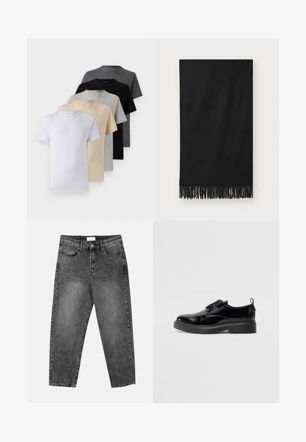 Conjunto de cinco t-shirts de manga curta nas cores branco, bege, cinza claro, cinza escuro e preto. Feitas de algodão suave, com design de gola redonda.; Jean straight-leg preto deslavado com bolsos frontais e traseiros, passantes para cinto e fecho de botão na cintura.; Sapato preto de couro envernizado, com atacadores, sola de borracha grossa e aba no calcanhar, mostrado pelo lado interior sobre um fundo branco.; Cachecol preto com extremidades franjas; feito de material suave e apresenta uma textura lisa. Forma retangular, adequado para várias opções de estilo.