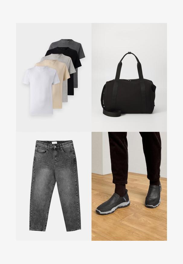 Viie lühikese varrukaga T-särgi komplekt, mis sisaldab valget, beeži, heletüüki, tumehallit ja musta. Valmistatud siledast puuvillast, ümmarguse kaela disainiga.; Mustad pestudega sirged teksad, millel on ees ja taga taskud, vööniidid ja nööbiga sulgemine vöö ümber.; Mustad musta värvi libisemisega kingad, millel on tekstureeritud nahk ja hall kummist välistald, asetatud puidust põranda ja korduroo pükste taustale.; Must must sõjaline kott, paksude kangide ja eemaldatava rihmaga. Valmistatud siledast kangast, millel on lukuga sulgemine ja minimalistlik disain.