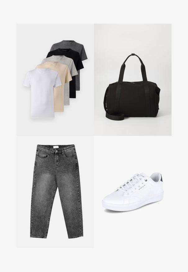 Sæt af fem kortærmede t-shirts i hvid, beige, lys grå, mørk grå og sort. Fremstillet af glat bomuld med rund halsudskæring.; Sorte vasket straight-leg jeans med for- og baglommer, bæltestropper og knaplukning i taljen.; Hvide sneakers, glat syntetisk materiale, lavt design, rund tå, seks snøreøjer, logo detalje på siden, kontrasterende mørk hæl akcent.; Sort duffel bag med tykke håndtag og en aftagelig rem. Lavet af glat stof, med lynlåslukning og minimalistisk design.