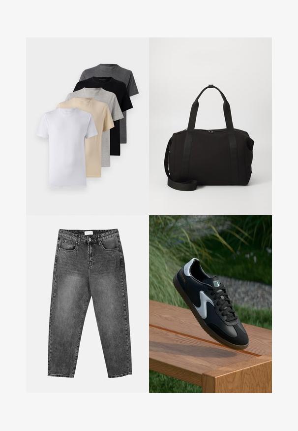 Sett med fem kortermede t-skjorter i hvit, beige, lys grå, mørk grå og svart. Laget av glatt bomull, med rund hals design.; Svarte, tvättade, rette jeaner med front- og baklommer, beltehemper og knappelukking i livet.; Svart og hvit atletisk sko med glatt skinnoverdel, teksturert såle og kontrasterende detaljer. Har en logo på siden og snøringer.; Svart duffelbag med tykke håndtak og et avtakbart strop. Laget av glatt stoff, med glidelås og minimalistisk design.