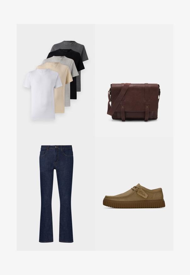 Set van vijf T-shirts met korte mouwen in wit, beige, lichtgrijs, donkergrijs en zwart. Gemaakt van gladde katoen en voorzien van een ronde hals.; Donkerblauwe denim flared jeans met een middelhoge taille, vijf zakken en contrasterende stiksels. Gladde textuur met minimale slijtage.; Lichtbruine suède schoenen met een ronde neus, gestikte details en een geribbeld bruine rubberen zool. Bevat een zijlabel met het "Clarks" logo.; Bruine lederen schoudertas met een platte voorflap, twee banden, gouden hardware-accenten en een verstelbare schouderband.