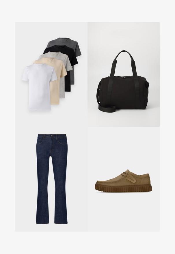 Set of five short-sleeve t-shirts in white, beige, light gray, dark gray, and black. Made of smooth cotton, featuring crew neck design.; Dark blue denim flared jeans with a mid-rise waist, five pockets, and contrasting stitching. Smooth texture with minimal wear.; Light brown suede shoes with a rounded toe, stitched detailing, and a ribbed brown rubber sole. Features a side tag with "Clarks" logo.; Black duffel bag with thick handles and a detachable strap. Made of smooth fabric, featuring a zip closure and minimalist design.
