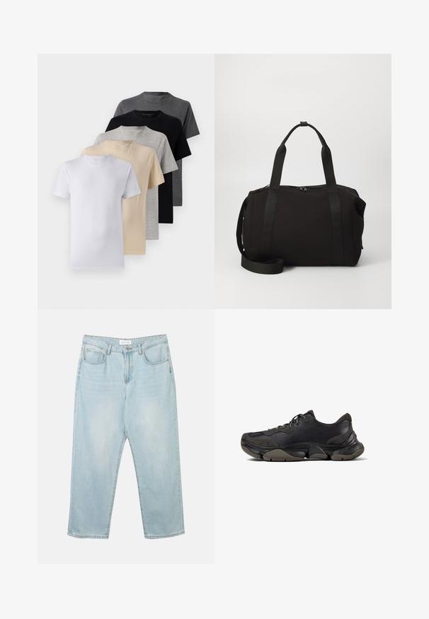Zestaw pięciu t-shirtów z krótkim rękawem w kolorach białym, beżowym, jasnoszarym, ciemnoszarym i czarnym. Wykonane z gładkiej bawełny, z klasycznym dekoltem.; Jasnoniebieskie dżinsy o luźnym kroju, pięć kieszeni, zapięcie na guzik i delikatne wyblaknięcia. Materiał jest gładki i lekko zużyty.; Czarne sportowe sneakersy z teksturowaną podeszwą, skórzanym i zamszowym wierzchem, wyściełanym kołnierzem i sznurowanym zapięciem, pokazane w profilu bocznym.; Czarna torba typu duffel z grubymi rączkami i odpinanym paskiem. Wykonana z gładkiego materiału, z zapięciem na zamek błyskawiczny i minimalistycznym wzornictwem.