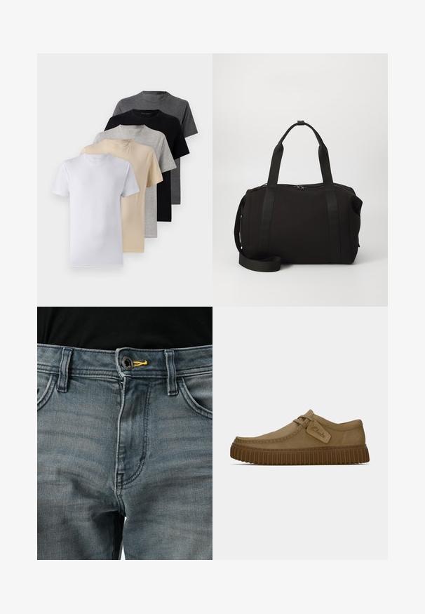 Set de cinci tricouri cu mânecă scurtă în alb, bej, gri deschis, gri închis și negru. Fabricate din bumbac fin, cu un design de gât rotund.; Blugi din denim albastru estompat, cu închidere cu buton, detaliu galben la talie și design clasic cu cinci buzunare. Textura pare moale și purtată.; Pantofi din suede maro deschis, cu vârful rotund, detalii cusute și talpă din cauciuc maro nervurată. Prezintă un eticheta laterală cu logo-ul "Clarks".; Geantă de tip duffel neagră, cu mânere groase și o curea detașabilă. Fabricată dintr-un material neted, având închidere cu fermoar și un design minimalist.
