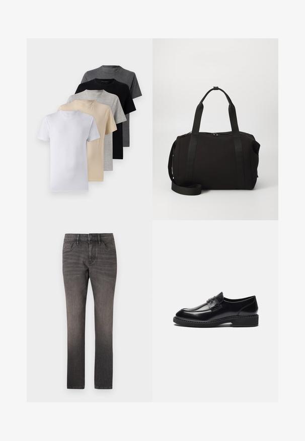 Piecu īsām piedurknēm T-kreklu komplekts baltā, bēšā, gaiši pelēkā, tumši pelēkā un melnā krāsā. Izgatavoti no gludas kokvilnas, ar apaļu kakla izgriezumu.; TOM TAILOR JOSH - Džinsi ar taisnām starām - used dark stone black denim; Zign LEATHER - Lietišķa stila iešļūcenes - black; Melna sporta soma ar biezām rokturiem un noņemamu siksnu. Izgatavota no gludas auduma, ar rāvējslēdzēja aizdari un minimālisma dizainu.