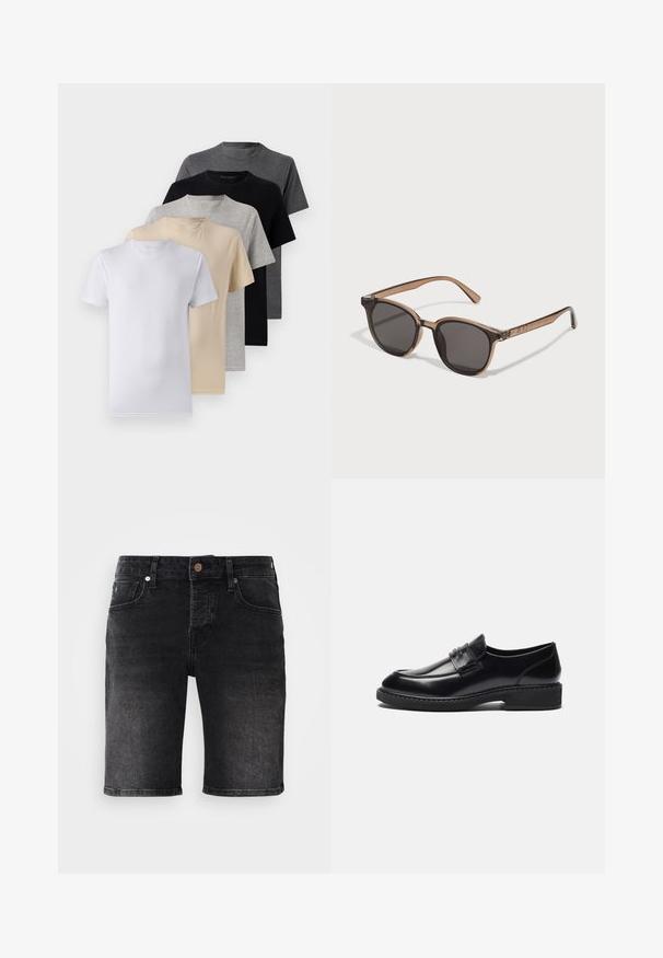 Sett med fem kortermede t-skjorter i hvit, beige, lys grå, mørk grå og svart. Laget av glatt bomull, med rund hals design.; Sorte denimshorts med rett snitt, fem lommer og kontrasterende sømmer. Har en metallknapp og en mørk vasketekstur.; Zign LEATHER - Pensko - black; Brune plastik solbriller med mørke linser, rund form og smalnende arme. Bemærkelsesværdig udsmykning på templerne.