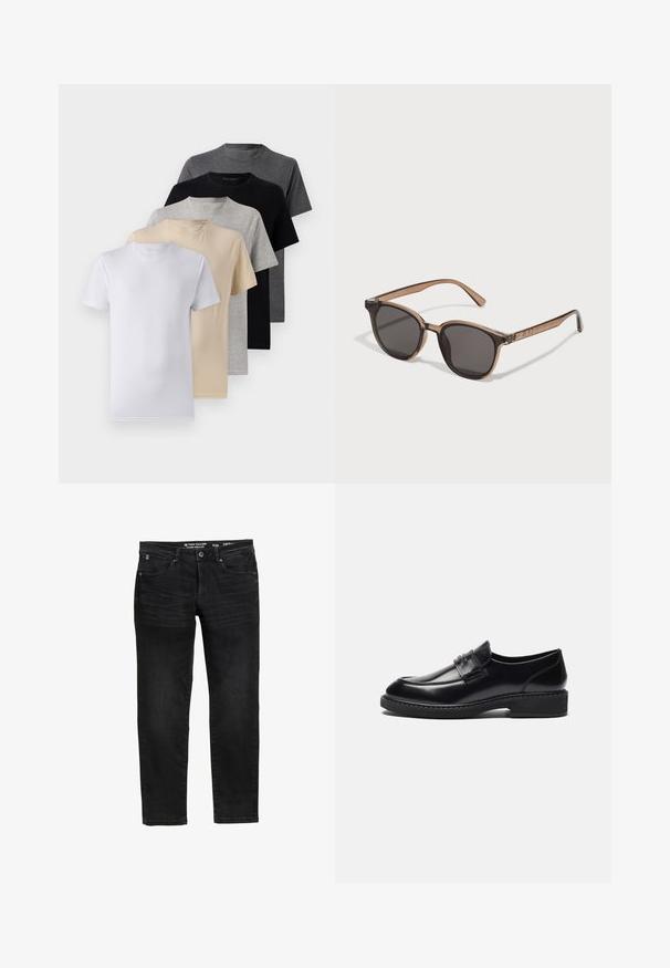 Set de cinci tricouri cu mânecă scurtă în alb, bej, gri deschis, gri închis și negru. Fabricate din bumbac fin, cu un design de gât rotund.; Jeans din denim negri cu o croială dreaptă, dotate cu închidere cu buton și fermoar, cinci buzunare și un detaliu de spălare subtil.; Zign LEATHER - Pantofi slip-on eleganți - black; Ochelari de soare din plastic maro cu lentile închise, formă rotundă și brațe conice. Embelisment notabil pe tâmple.; Geantă de tip duffel neagră, cu mânere groase și o curea detașabilă. Fabricată dintr-un material neted, având închidere cu fermoar și un design minimalist.