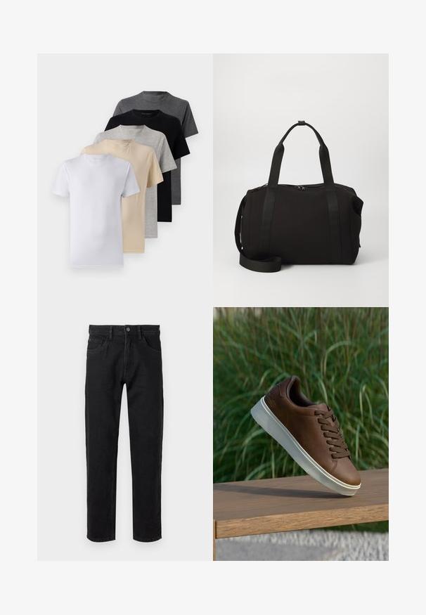 Set di cinque t-shirt a manica corta in bianco, beige, grigio chiaro, grigio scuro e nero. Realizzate in cotone morbido, con design a girocollo.; Jeans in denim nero con taglio dritto, design a cinque tasche e chiusura con bottone metallico. Texture liscia con un minimo sbiadimento.; Sneaker in pelle marrone con suola in gomma bianca, punta arrotondata e lacci marroni. Grip testurizzato sulla suola e finitura liscia sulla parte superiore.; Borsa da viaggio nera con manici spessi e una tracolla removibile. Realizzata in tessuto liscio, presenta una chiusura a zip e un design minimalista.