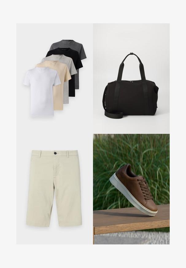 Set van vijf T-shirts met korte mouwen in wit, beige, lichtgrijs, donkergrijs en zwart. Gemaakt van gladde katoen en voorzien van een ronde hals.; Beige shorts van een lichte katoenmix, met een vlakke voorkant, riemlussen, knoopsluiting en een knielange zoom.; Bruine leren sneaker met een witte rubberen zool, ronde neus en bruine veters. Getextureerde grip op de zool en een gladde afwerking op het bovenwerk.; Zwarte sporttas met dikke handvatten en een afneembare schouderband. Gemaakt van een gladde stof, met een ritssluiting en een minimalistisch ontwerp.