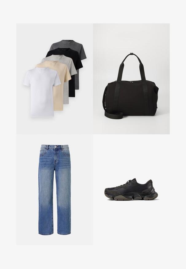 Viie lühikese varrukaga T-särgi komplekt, mis sisaldab valget, beeži, heletüüki, tumehallit ja musta. Valmistatud siledast puuvillast, ümmarguse kaela disainiga.; Heledad sinine teksariie lai jalgadega püksid, millel on pleekimis muster, viis taskut ja lukuga sulgemine. Vöökoha ääres on nupp ja vööloop.; Mustad mustekad athletic jalats tekstureeritud tald, nahast ja sametist ülemine osa, pehmendatud krae ja lipsuklips sulgemine, esitletud külgprofiilis.; Must must sõjaline kott, paksude kangide ja eemaldatava rihmaga. Valmistatud siledast kangast, millel on lukuga sulgemine ja minimalistlik disain.