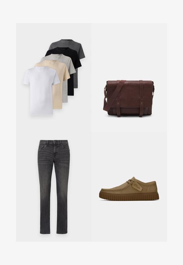 Viisi lyhythihaista t-paitaa valkoisena, beigeinä, vaaleanharmaana, tummanharmaana ja mustana. Valmistettu sileästä puuvillasta, jossa on pyöreä kaula-aukko.; Harmaat farkut suoran lahkeen mallilla, viiden taskun tyylillä ja hienovaraisilla kulutuksilla etuosassa. Varustettu napin sulkemisella ja vyölenkeillä.; Vaaleanruskeat mokkakengät, joissa on pyöreä kärki, ommeltuja yksityiskohtia ja uritettu ruskea kumipohja. Kengissä on myös sivulappu, jossa on "Clarks"-logo.; Ruskea nahkainen viestintälaatikko, jossa on litteä etuläppä, kaksi remmiä, kultaiset yksityiskohdat ja säädettävä olkahihna.