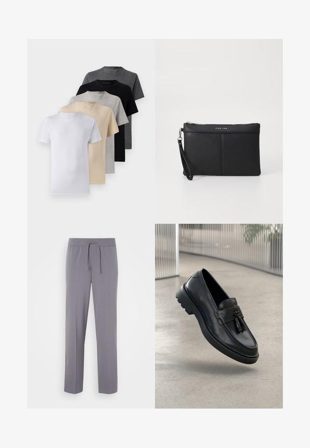 Set od pet majica s kratkim rukavima u bijeloj, bež, svijetlo sivoj, tamno sivoj i crnoj boji. Izrađene su od glatkog pamuka, s dizajnom okruglog izreza.; Sive, rastezljive hlače s ravnim prednjim dijelom, elastičnim pojasom i vezicom, s ravnim nogavicama i glatkom teksturom.; Crne kožne mokasinke s glatkim završetkom, ukrasnom resom, debelim gumenim đonom i ušivenim detaljima. Lagan i elegantan dizajn.; Crna sintetička torbica s patentnim zatvaračem, narukvicom i glatkom teksturom. Ima suptilno šivanje i urezani logotip na prednjem dijelu.