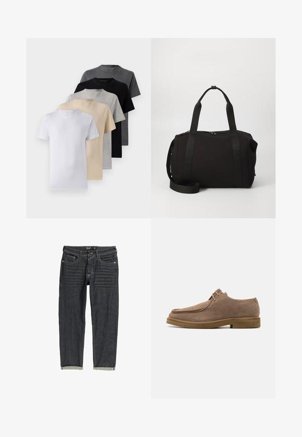 Komplet petih kratkih majic s kratkimi rokavi v beli, bež, svetlo sivi, temno sivi in črni barvi. Narejene so iz gladkega bombaža in imajo krojen ovratnik.; Temno modri jeans s ravnimi nogavicami, svetlim šivanjem, petimi žepi in zavihanimi manšetami pri gležnjih. Teksturovan material.; Zign LEATHER - Neformalni čevlji z vezalkami - taupe; Crna torba s debelim ručkama i odvojivim remenom. Izrađena od glatkog materijala, sa zatvaranjem na zip i minimalističkim dizajnom.