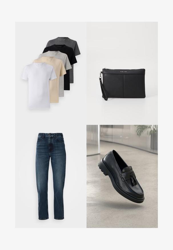 Set of five short-sleeve t-shirts in white, beige, light gray, dark gray, and black. Made of smooth cotton, featuring crew neck design.; Dark blue straight-leg jeans with front button and zip closure, five-pocket design, and subtle fading on thighs and knees.; Black leather loafers with a smooth finish, decorative tassel, thick rubber sole, and stitched accents. Lightweight and sleek design.; Black synthetic clutch with a zip closure, wrist strap, and a smooth texture. Features subtle stitching and a logo embossed on the front.