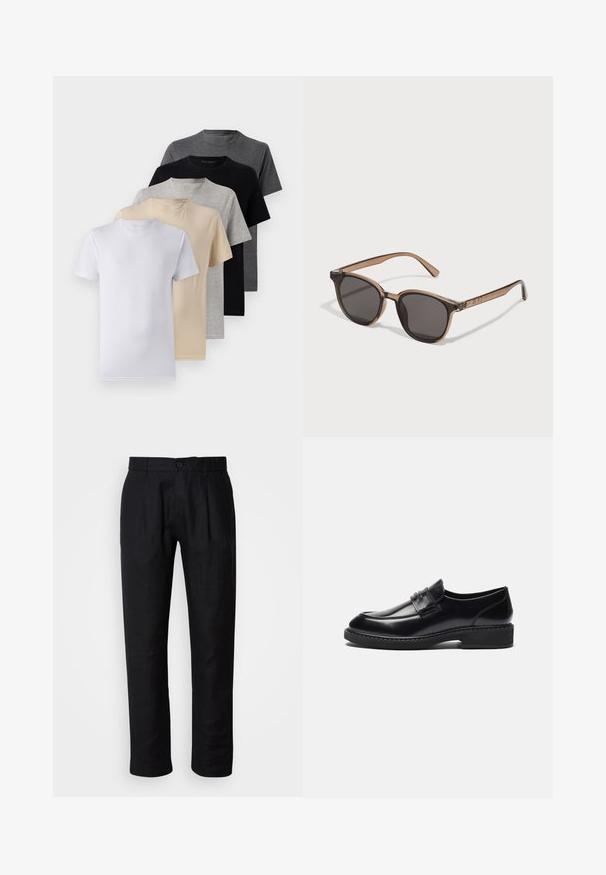Zestaw pięciu t-shirtów z krótkim rękawem w kolorach białym, beżowym, jasnoszarym, ciemnoszarym i czarnym. Wykonane z gładkiej bawełny, z klasycznym dekoltem.; Czarne spodnie typu straight-leg z szlufkami na pasek, z przodem na guzik i bocznymi kieszeniami, na jasnym tle.; Zign - Biznesowe loafersy; Brązowe plastikowe okulary przeciwsłoneczne z ciemnymi soczewkami, w zaokrąglonym kształcie, z zwężającymi się ramionami. Zauważalna ozdoba na skroniach.; Czarna torba typu duffel z grubymi rączkami i odpinanym paskiem. Wykonana z gładkiego materiału, z zapięciem na zamek błyskawiczny i minimalistycznym wzornictwem.