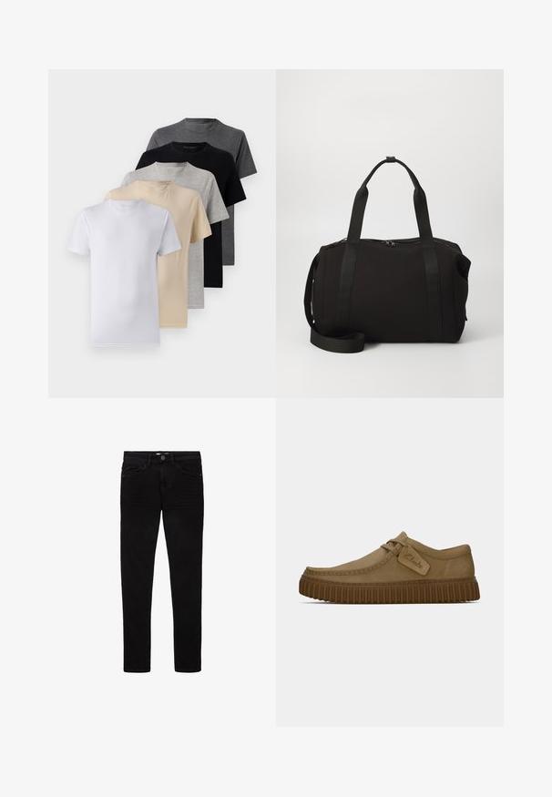 Viie lühikese varrukaga T-särgi komplekt, mis sisaldab valget, beeži, heletüüki, tumehallit ja musta. Valmistatud siledast puuvillast, ümmarguse kaela disainiga.; Mustad denim, mille jalgadega ja slim fit disainiga mustad teksapüksid, viie taskuga ja nööp sulgumisega. Ühtlane tekstuur ja minimalismi kohaselt vähe õmblemise detaile.; Kerged pruunist nahksoost kingad, millel on ümar varvas, õmblustega detailid ja soonikkoes pruun kummitald. Omab külje peal sildi, millel on "Clarks" logo.; Must must sõjaline kott, paksude kangide ja eemaldatava rihmaga. Valmistatud siledast kangast, millel on lukuga sulgemine ja minimalistlik disain.
