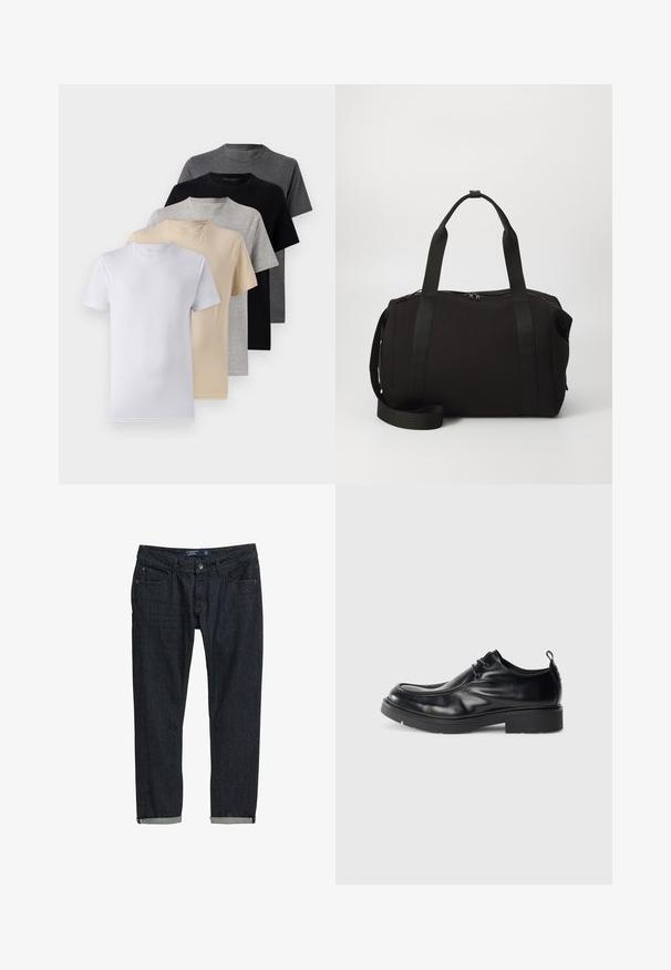 Komplet petih kratkih majic s kratkimi rokavi v beli, bež, svetlo sivi, temno sivi in črni barvi. Narejene so iz gladkega bombaža in imajo krojen ovratnik.; Temno modri traperji s slim fit krojem, z zavitimi hlačnicami, klasičnim dizajnom s petimi žepi in gumbastim zapiranjem, na beli podlagi.; Črne usnjene oblečne čevlje z zaobljenim nosom, zavezovanjem spredaj in dekorativnim šivom. Imajo gost, strukturiran gumijast podplat in zgornji del na peti.; Crna torba s debelim ručkama i odvojivim remenom. Izrađena od glatkog materijala, sa zatvaranjem na zip i minimalističkim dizajnom.