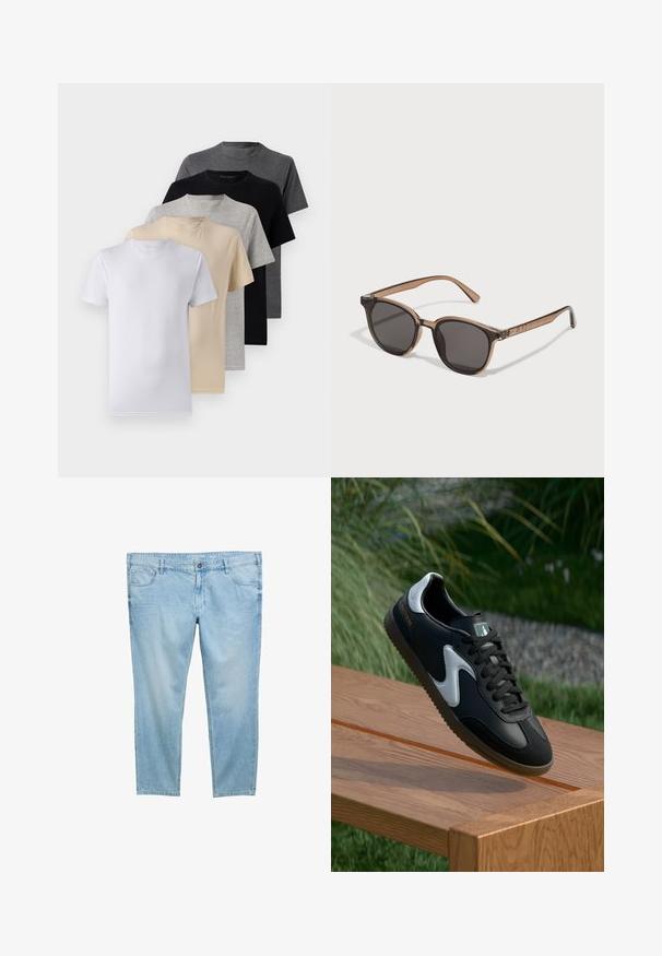 Set od pet majica s kratkim rukavima u bijeloj, bež, svijetlo sivoj, tamno sivoj i crnoj boji. Izrađene su od glatkog pamuka, s dizajnom okruglog izreza.; Svijetloplave traperice ravnog kroja, s prednjim džepovima, petljama za pojas i zatvaranjem na zip. Glatka, lagana tekstura.; Crno-bijela atletska obuća s glatkim kožnim gornjim dijelom, teksturiranim potplatima i kontrastnim detaljima. Sadrži logotip sa strane i vezice.; Smeđe plastične sunčane naočale s tamnim lećama, zaobljenog oblika i suženim rukohvatima. Istaknuta ukrasna dodatka na sljepoočnicama.