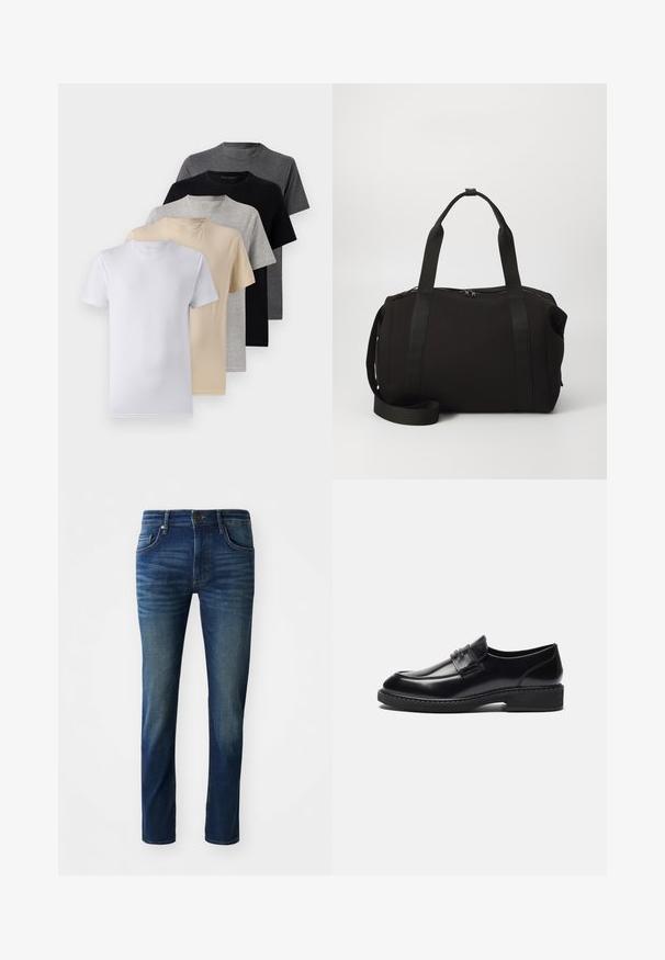 Sada pěti triček s krátkým rukávem v bílé, béžové, světle šedé, tmavě šedé a černé barvě. Vyrobena z hladké bavlny, s designem kulatého výstřihu.; Tmavě modré džíny s úzkým střihem, obsahující pět kapes, přední zapínání na knoflík a jemně vybledlou texturu na nohavicích.; Zign LEATHER - Elegantní nazouvací boty - black; Černá dufflová taška s pevnými rukojeťmi a odnímatelným popruhem. Vyrobena z hladkého materiálu, disponuje zipovým uzávěrem a minimalistickým designem.