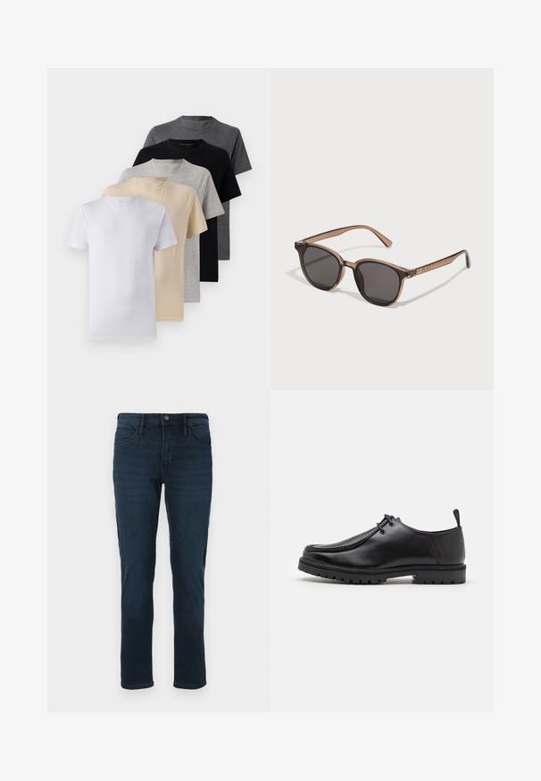 Viisi lyhythihaista t-paitaa valkoisena, beigeinä, vaaleanharmaana, tummanharmaana ja mustana. Valmistettu sileästä puuvillasta, jossa on pyöreä kaula-aukko.; Tummansiniset farkut suoran lahkeiden leikkauksella, joissa on viisi taskua, nappisulku ja hienovarainen haalistuminen edessä.; Musta nahkainen nauhallinen kenkä, jossa on kestävä pohja ja kantapään vetohihna, esitetty sivuprofiilista valkoista taustaa vasten.; Ruske muPlasticne sunčane naočale s tamnim lećama, okruglog oblika i suženim ručkama. Značajna dekoracija na sljepoočnicama.