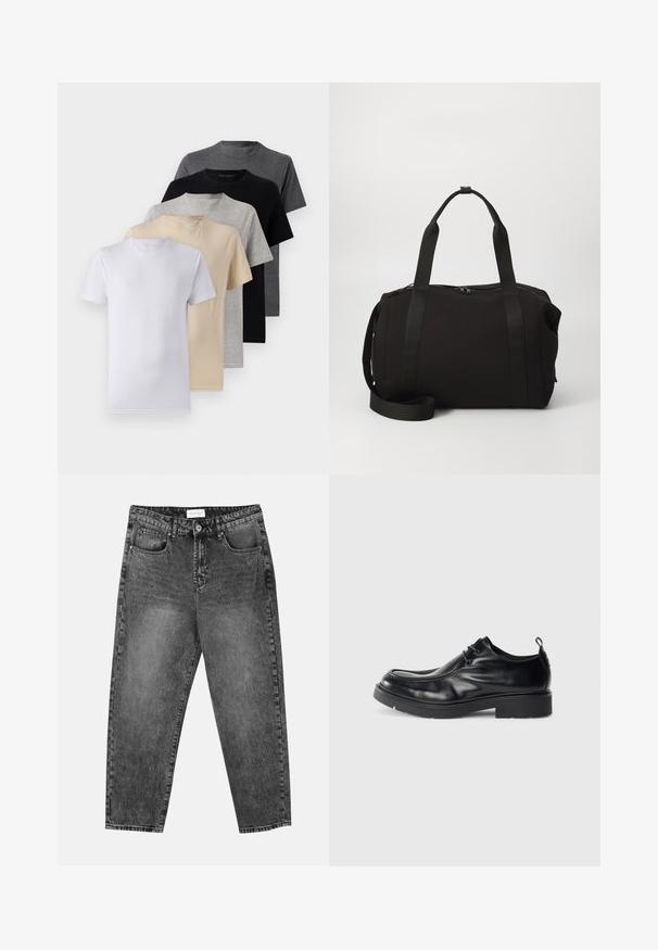 Conjunto de cinco t-shirts de manga curta nas cores branco, bege, cinza claro, cinza escuro e preto. Feitas de algodão suave, com design de gola redonda.; Jean straight-leg preto deslavado com bolsos frontais e traseiros, passantes para cinto e fecho de botão na cintura.; Sapatilha de pele preta com bico arredondado, frente com atacadores e uma costura decorativa. Apresenta uma sola de borracha grossa e texturizada e um tab de calcanhar.; Mala de duffle preta com alças grossas e uma alça destacável. Feita de um tecido suave, com fecho de zip e design minimalista.
