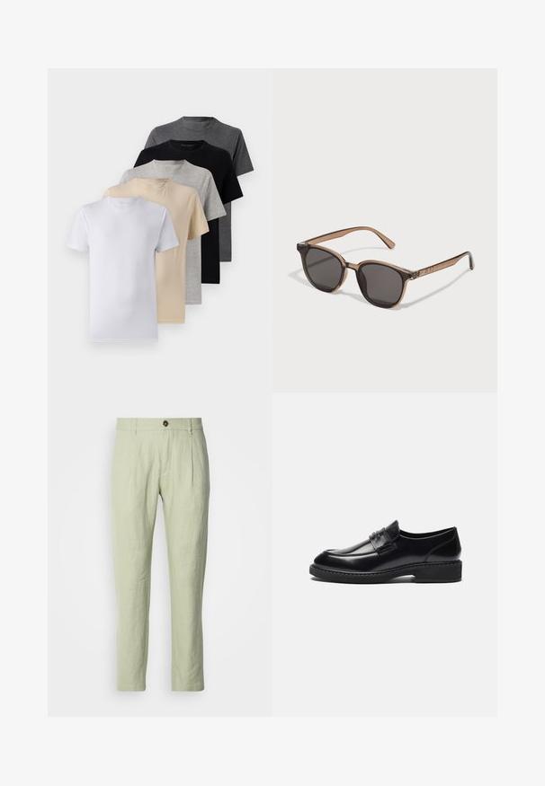 Set of five short-sleeve t-shirts in white, beige, light gray, dark gray, and black. Made of smooth cotton, featuring crew neck design.; Light green linen trousers with a straight fit, featuring a front button closure, two front pockets, and a smooth texture.; Zign LEATHER - Smart slip-ons - black; Brown plastic sunglasses with dark lenses, rounded shape, and tapered arms. Notable embellishment on the temples.