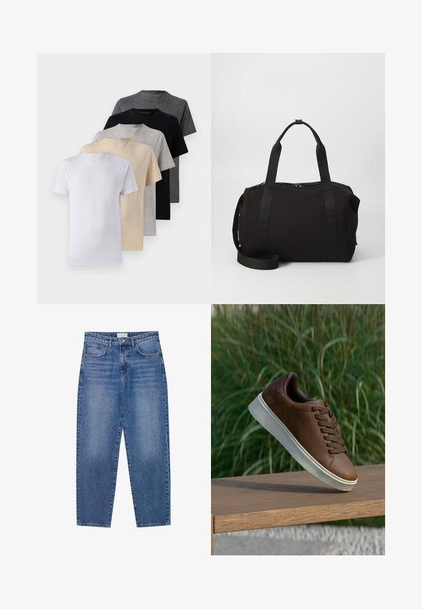 Conjunto de cinco t-shirts de manga curta nas cores branco, bege, cinza claro, cinza escuro e preto. Feitas de algodão suave, com design de gola redonda.; Jeans de ganga azuis com cintura alta, design de perna reta e acabamento desbotado. Apresenta cinco bolsos e fecho de botão.; Sapatilha de couro castanho com sola de borracha branca, bico redondo e atacadores castanhos. Superfície texturizada na sola e acabamento suave na parte superior.; Mala de duffle preta com alças grossas e uma alça destacável. Feita de um tecido suave, com fecho de zip e design minimalista.