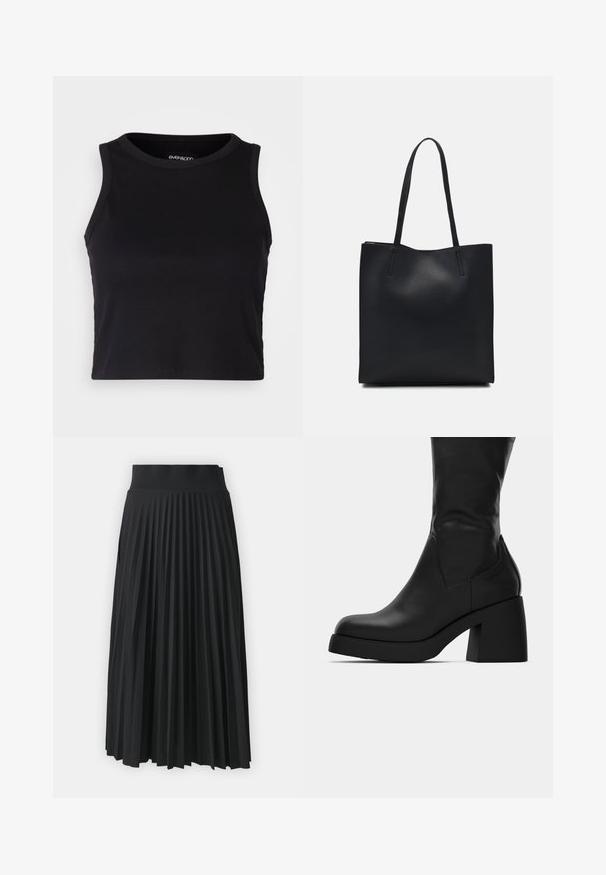Fekete bordás crop tank top kerek nyakkivágással és ujjtalan dizájnnal. Puha, rugalmas anyagból készült, tiszta, lekerekített szélű részletekkel.; Fekete, redőzött szoknya széles derékszíjjal, egyenletes függőleges redőkkel. Simább textúra, folyékony dizájnnal.; Fekete bőrből készült, középig érő csizma vastag tömbsarokkal és kerek orral, oldalsó profilban, fehér háttér előtt.; Fekete bőrtáska sima felszínnel, téglalap alakú, két hosszú füllel. Nincs látható fémkiegészítő vagy díszítés.