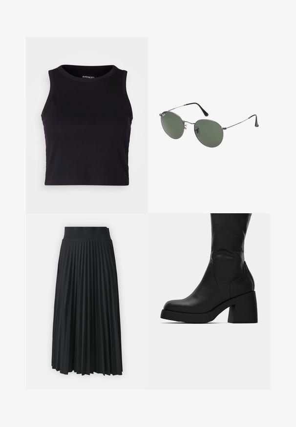 Svart ribbad kort tanktopp med rund halsringning och ärmlös design. Tillverkad av mjuk, stretchy tyg med rena, fållade kanter.; Svart plisserad kjol med en bred midja, som har enhetliga vertikala veck genom hela kjolen. Slät textur med en flödande design.; Svart läderstövel som går till mitten av vadens längd, med kraftig klack och rund tå, visad i sidoprofil mot vit bakgrund.; Metallinramade solglasögon med ovala gröna linser. Tunn silvermetallram och svarta öronpluggar. Minimalistisk design, inga synliga logotyper.