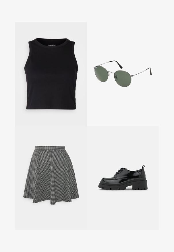 Black ribbed crop tank top with a round neckline and sleeveless design. Made from soft, stretchy fabric, featuring clean hemmed edges.; Black and white checkered skater skirt with a fitted waistband and flared hem, made of textured fabric displaying a classic pattern.; Black patent leather shoes with a chunky platform sole and thick laces. Rounded toe, minimal detailing, and a small heel tab at the back.; Metal-framed sunglasses with oval green lenses. Thin silver metal frame and black ear tips. Minimalist design, no visible logos.