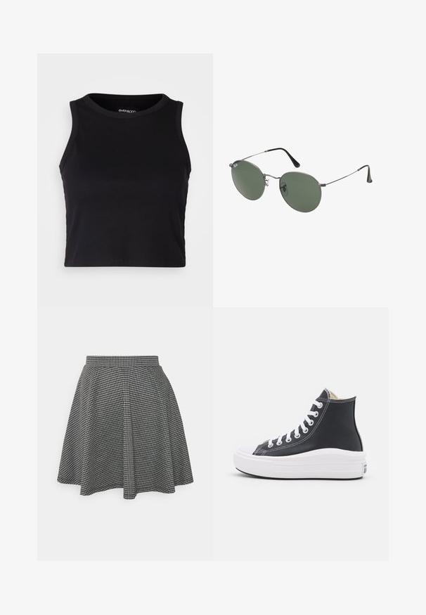 Čierny rebrovaný kratký top bez rukávov s okrúhlym výstrihom. Vyrobený z mäkkého, elastického materiálu, s hladkými lemovanými okrajmi.; Čiernobiela kockovaná sukňa pre korčuliarky s priliehavým pásom a rozšíreným lemom, vyrobená z textúrovanej látky s klasickým vzorom.; Čierne vysoké tenisky s bielymi šnúrkami a gumovou podrážkou. Majú hladký kožený povrch a biele švy.; Sunglass s metalovým rámom s oválnymi zelenými šošovkami. Tenký strieborný kovový rám a čierne štuple za uši. Minimalistický dizajn, bez viditeľných log.