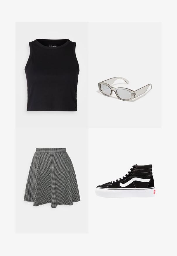 Zwarte geribbelde crop tanktop met een ronde halslijn en mouwloos ontwerp. Gemaakt van zachte, rekbare stof, met een nette afgeronde rand.; Zwart-witte geblokte skaterrok met een strakke tailleband en een uitlopende zoom, gemaakt van textuurstof die een klassiek patroon toont.; Zwarte high-top sneakers met witte veters, een wit logo en contrasterende witte stiksels. Heeft een dikke witte zool en een bovenwerk van gestructureerd suede.; Grijze doorzichtige zonnebril met een rechthoekige vorm, vlakke lenzen en dikke pootjes. Heeft een subtiele scharnierdetail op de tempels.