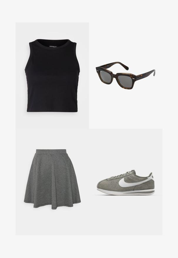 Svart ribbet crop tank top med rund halslinning og ermeless design. Laget av myk, elastisk stoff med rene, kantede kanter.; Sorte og hvite rutete skater skjørt med en tettsittende midjebånd og flagrende hem, laget av teksturert stoff som viser et klassisk mønster.; Grå semsket lær sneakers med hvite detaljer, med rund tå, teksturert overflate og et klassisk snøring design med en rillestøvel.; Rektangulære solbriller med skjellmønstret plastinnfatning, mørke linser og sølvfargede detaljer på sidene. Laget i Italia.