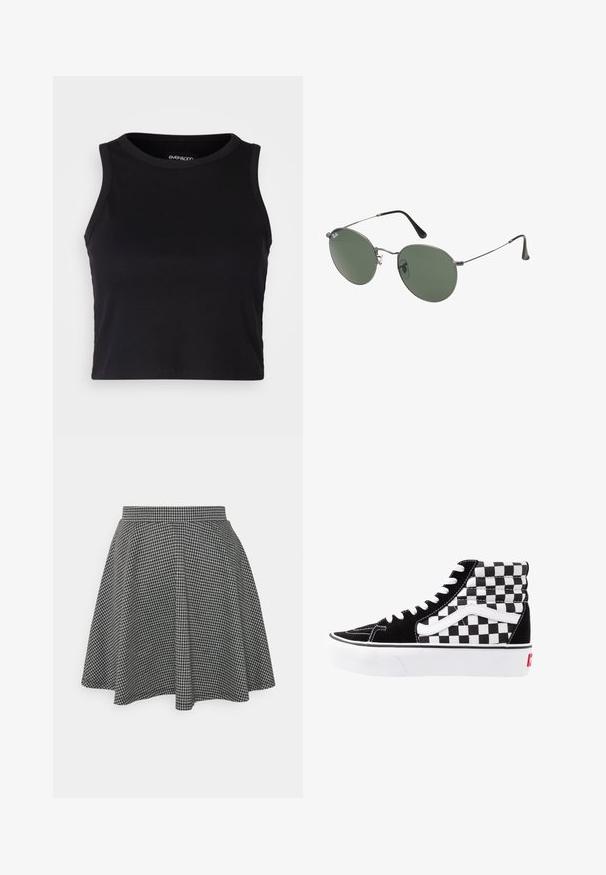 Zwarte geribbelde crop tanktop met een ronde halslijn en mouwloos ontwerp. Gemaakt van zachte, rekbare stof, met een nette afgeronde rand.; Zwart-witte geblokte skaterrok met een strakke tailleband en een uitlopende zoom, gemaakt van textuurstof die een klassiek patroon toont.; Zwart-witte hoge sneakers met een ruitpatroon, suède bovenkant, contrasterende witte veters en een witte rubbere zool met een rood logo.; Metalen zonnebril met ovale groene lenzen. Dunne zilveren metalen rand en zwarte oorstoppers. Minimalistisch ontwerp, zonder zichtbare logo's.