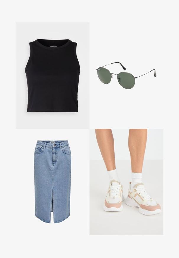 Mustard ribaga lõhikuga crop top, millel on ümar kaelus ja ilma varrukateta disain. Valmistatud pehmest ja venivast kangast, millel on puhtad äärised.; Heled sinine teksaseelik, millel on sirge lõige, ees lõhik, viie tasku disain ja lukuga nööbiga sulgemine.; Valged ja heleroosa tennisetossud, millel on võrgupaneelid, ümmargune varvas, turske tallaga ja nööpidega disain. Kaasas on heledad beežid aktsendid.; Metallist raamistikuga prillid ovaalsete roheliste läätsedega. Õhuke hõbedane metallraam ja mustad kõrvakatted. Minimalistlik disain, nähtavad logod puuduvad.