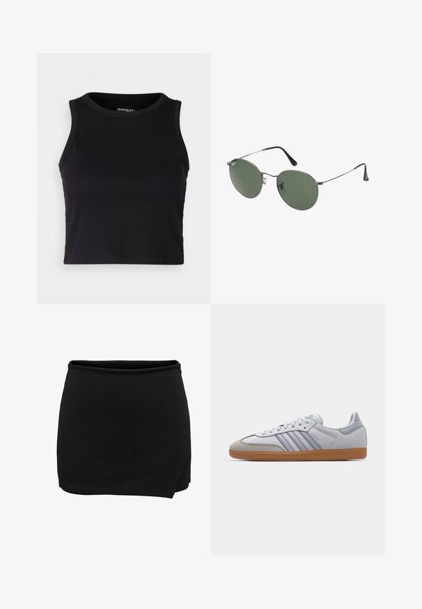 Musta ribattava lyhythihainen toppi pyöreällä pääntiellä ja hihattomalla muotoilulla. Valmistettu pehmeästä, joustavasta kankaasta, jossa on siistit reunapainatukset.; Musta hame, jossa on joustava vyötärö, ja joka on kääntömuotoilulla. Valmistettu sileästä kankaasta, sillä on yksinkertainen ja siisti siluetti. Ei lisäyksityiskohtia.; Valkoiset nahkakengät, joissa on vaaleansinisiä yksityiskohtia, harmaa mokkanahkainen varvas ja ruskea kumipohja. Sisältää kolme sinistä raitaa ja "Samba" -merkinnän.; Aurinkolasit metallikehyksillä, joissa on soikeat vihreät linssit. Ohut hopeinen metallikehys ja mustat korvapehmusteet. Minimalistinen muotoilu, ei näkyviä logoja.