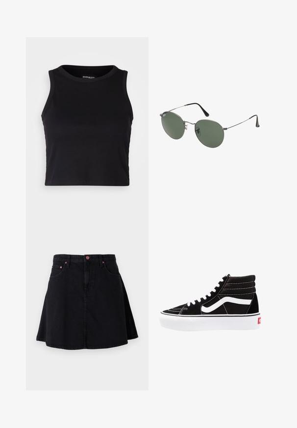 Černý žebrovaný krátký top bez rukávů s kulatým výstřihem. Vyrobeno z měkké a elastické látky, s čistými zakončenými lemy.; Černá džínsová sukně s rozšířeným střihem, která má přední kapsy a růžové kovové detaily na pase a okrajích kapes.; Černé vysoké tenisky s bílými tkaničkami, bílým logem a kontrastním bílým prošíváním. Mají silnou bílou podrážku a texturovaný semišový svršek.; Sluneční brýle s kovovým rámem a oválnými zelenými skly. Tenký stříbrný kovový rám a černé chrániče uší. Minimalistický design, žádné viditelné logo.; Černá kabelka z umělé kůže s křivkovým designem, přední kapsou na zip a dekorativními prvky, včetně odnímatelného kulatého pouzdra na mince.