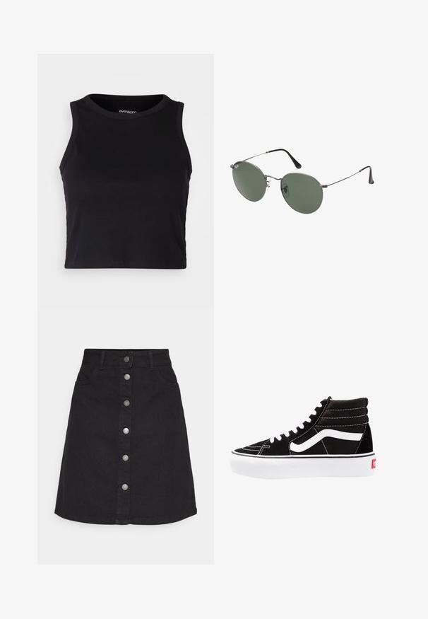 Schwarzes, geripptes Cropped Tanktop mit rundem Ausschnitt und ärmellosem Design. Hergestellt aus weichem, dehnbarem Material, mit sauberen, gekettelten Kanten.; Schwarzer Jeansrock mit vertikaler Knopfverschluss und fünf Taschen. Hat ein gerades Design und einen geraden Saum, aus robuster Baumwollstoff gefertigt.; Schwarze High-Top-Sneaker mit weißen Schnürsenkeln, einem weißen Logo und kontrastierendem weißen Nähten. Verfügt über eine dicke weiße Sohle und ein strukturiertes Wildleder-Obermaterial.; Metallgestellte Sonnenbrille mit ovalen grünen Gläsern. Dünner silberner Metallrahmen und schwarze Ohrstücke. Minimalistisches Design, keine sichtbaren Logos.