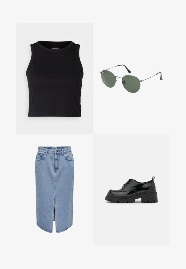 Top court noir à côtes avec un col rond et un design sans manches. Fabriqué en tissu doux et extensible, avec des bords ourlés propres.; Jupe en denim bleu clair avec une coupe droite, fente frontale, design à cinq poches et fermeture éclair avec bouton.; Chaussures en cuir patiné noir avec une semelle épaisse et chunky, dotées de lacets épais. Embout arrondi, détails minimaux et un petit tirant à l'arrière.; Lunettes de soleil en métal avec des verres ovales verts. Monture en métal argenté mince et embouts d'oreille noirs. Design minimaliste, sans logos visibles.
