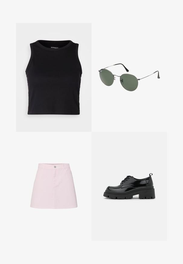Svart ribbad kort tanktopp med rund halsringning och ärmlös design. Tillverkad av mjuk, stretchy tyg med rena, fållade kanter.; Ljusrosa denim A-linje kjol med knappstängning framtill, bälteshällor och två sidofickor. Mjuk struktur, ren finish och knälängd.; Svarta lackskinnsskor med en kraftig plattformssula och tjocka snören. Rundad tå, minimal detaljering och en liten hälflik bak.; Metallinramade solglasögon med ovala gröna linser. Tunn silvermetallram och svarta öronpluggar. Minimalistisk design, inga synliga logotyper.