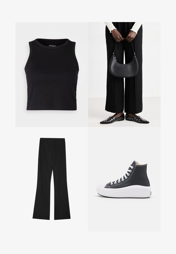 Crna rebrasta kratka majica bez rukava s okruglim izrezom. Izrađena od mekog, rastezljivog materijala, s urednim rubovima.; Crne široke hlače od teksturirane tkanine, s elastičnim pojasom i slobodnim krojem, osmišljene za udobnost i lakoću pokreta.; Crni visoki tenisice s bijelim vezicama i gumenenim potplatom. Imaju glatku kožnu teksturu i bijele šavove.; Crna kožna torba preko ramena zaobljenog oblika, s sjajnom završnom obradom i srebrnim hardverom. Osoba nosi crne hlače širokog kroja i loaferice sa studovima.