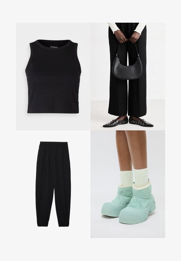 Black ribbed crop tank top with a round neckline and sleeveless design. Made from soft, stretchy fabric, featuring clean hemmed edges.; Black, lightweight pants with an elastic waistband and gathered ankles. The fabric is smooth and features a relaxed, tapered design.; Legs wearing thick white fuzzy socks and chunky light blue winter boots with textured fabric and rubber soles on a white background.; Black leather shoulder bag with a rounded shape, glossy finish, and silver hardware. Person wearing black wide-leg pants and studded loafers.
