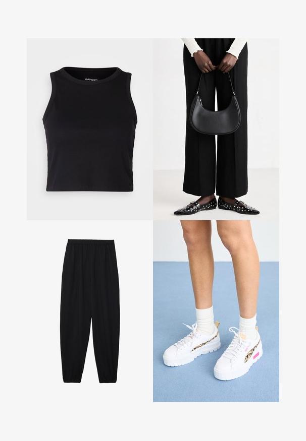 Czarny prążkowany krótki top bez rękawów z okrągłym dekoltem. Wykonany z miękkiego, elastycznego materiału, z wykończonymi krawędziami.; Czarne, lekkie spodnie z elastycznym pasem i ściągaczami na kostkach. Materiał jest gładki i ma luźny, zwężany krój.; Puma MAYZE biały; Czarna skórzana torba na ramię o zaokrąglonym kształcie, z połyskującym wykończeniem i srebrnymi akcentami. Osoba w czarnych spodniac wyszczuplających i znaczonymi loafersami.