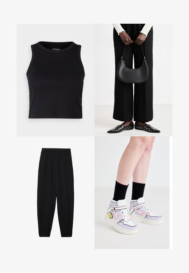 Top cropped preto canelado com gola redonda e design sem mangas. Feito de um tecido macio e elástico, apresentando bordas limpas e com bainha.; Calças pretas, leves, com um cinto elástico e punhos franzidos. O tecido é suave e apresenta um design relaxado e afunilado.; Tênis de cano alto com um design em branco e lavanda, apresentando detalhes em pérolas cor-de-rosa e um charme em forma de estrela, colocados sobre meias pretas com nervuras.; Bolsa de ombro de couro preta com forma arredondada, acabamento brilhante e ferragens prateadas. Pessoa vestindo calças largas pretas e mocassins com tachas.