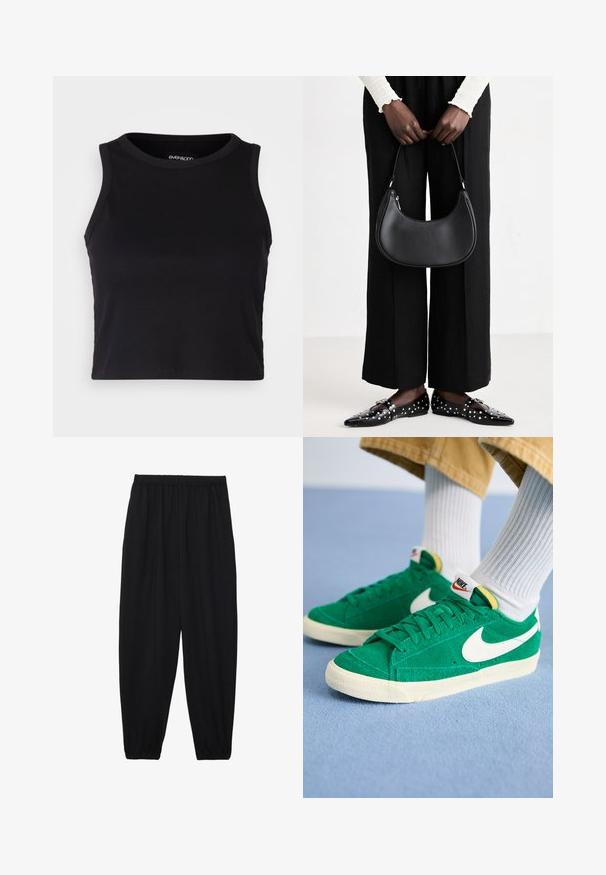 Top cropped preto canelado com gola redonda e design sem mangas. Feito de um tecido macio e elástico, apresentando bordas limpas e com bainha.; Calças pretas, leves, com um cinto elástico e punhos franzidos. O tecido é suave e apresenta um design relaxado e afunilado.; Sapatilhas verdes em camurça com o swoosh branco da Nike, sola de borracha e colarinho almofadado. Parte superior texturizada com atacadores planos e detalhes em cores vibrantes.; Bolsa de ombro de couro preta com forma arredondada, acabamento brilhante e ferragens prateadas. Pessoa vestindo calças largas pretas e mocassins com tachas.
